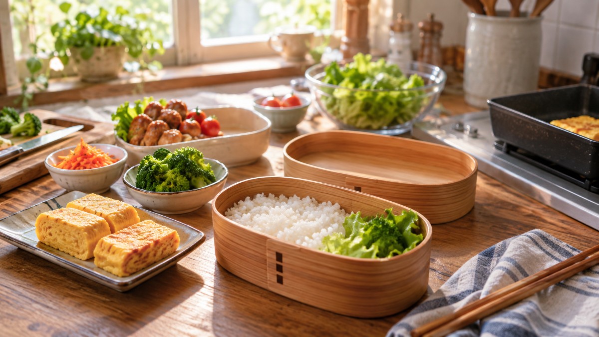 朝の台所で作りかけのお弁当(イメージ画像)