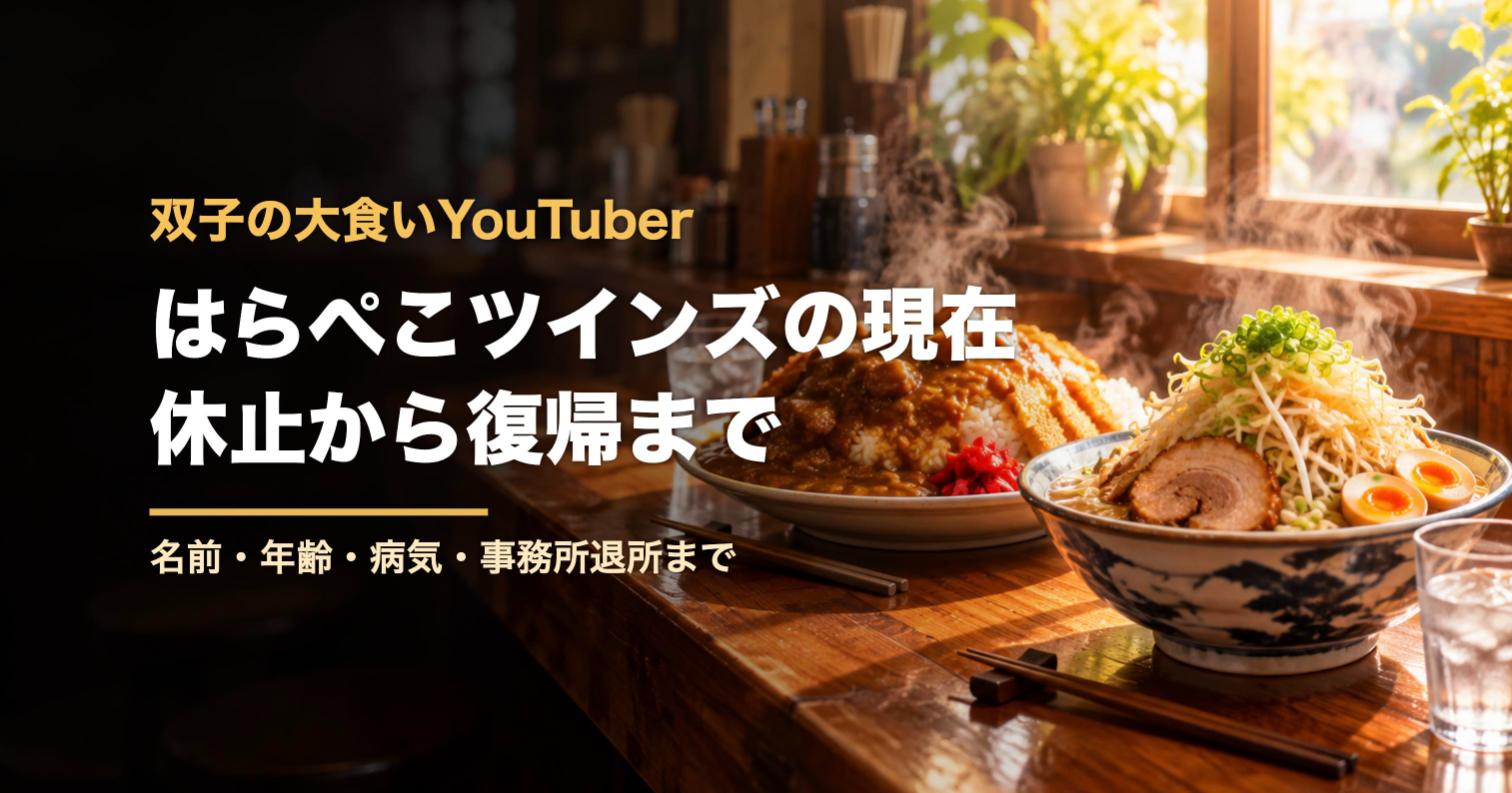 日差しの入る定食屋のカウンターに並ぶ山盛りのデカ盛りカレーとラーメンに「双子の大食いYouTuber はらぺこツインズの現在 休止から復帰まで」の文字